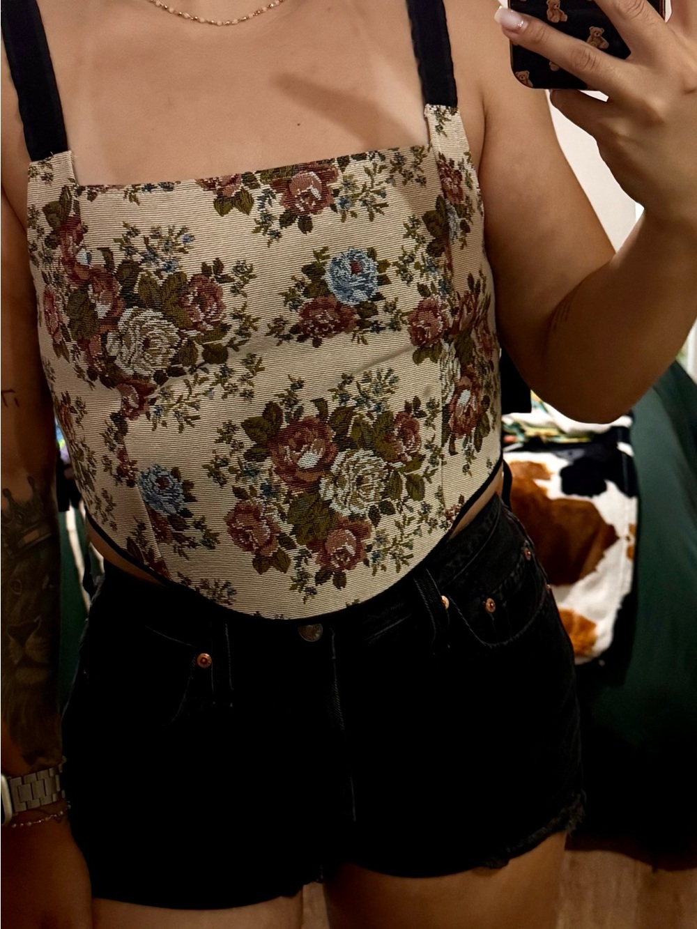 Floral Tapestry Square-Neck Crop Top - Cream
